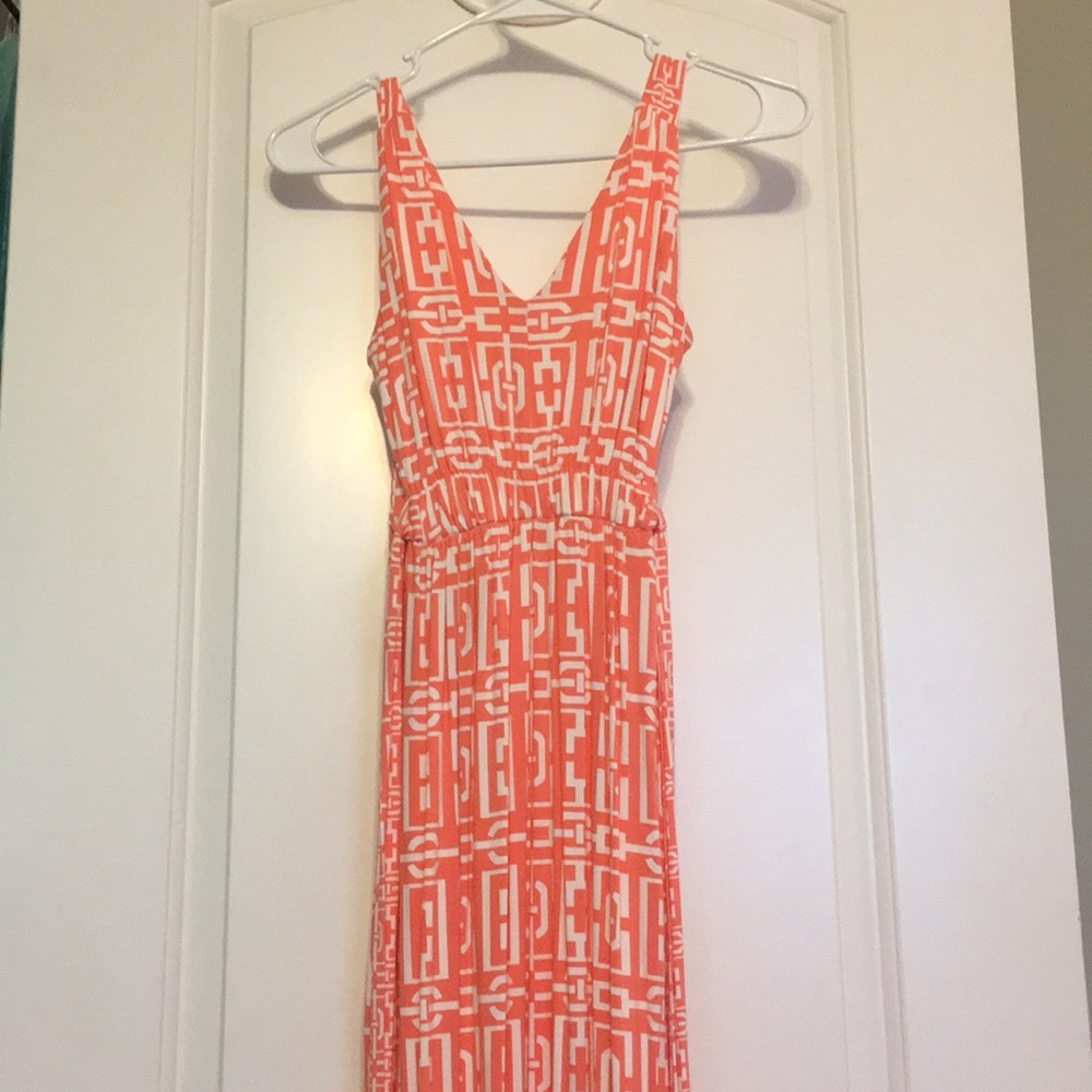 Geometric white and coral maxi dress